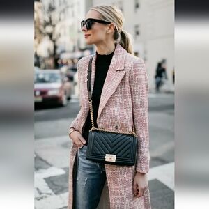 H&M Long Mid COAT Jacket Textured Weave Tweed Red Cream White Belted Sz 12